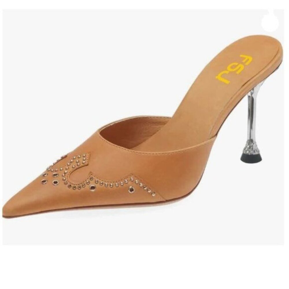 FSJ Sandy Brown Gorgeous Studded Pointed Toe Mules Stiletto High Heel Slipper